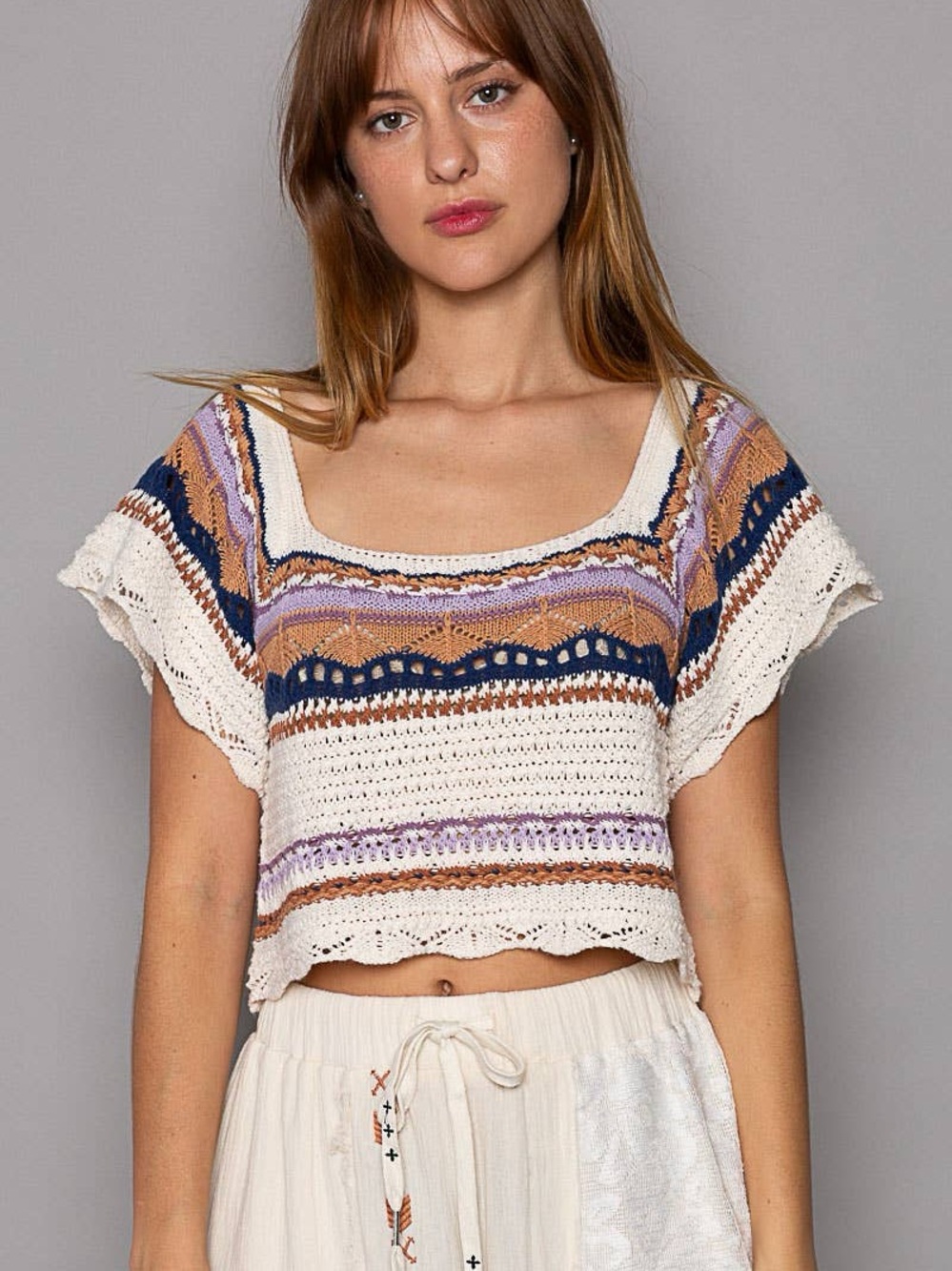 NWOT POL Crochet Scoop-Neck Crop Striped Top